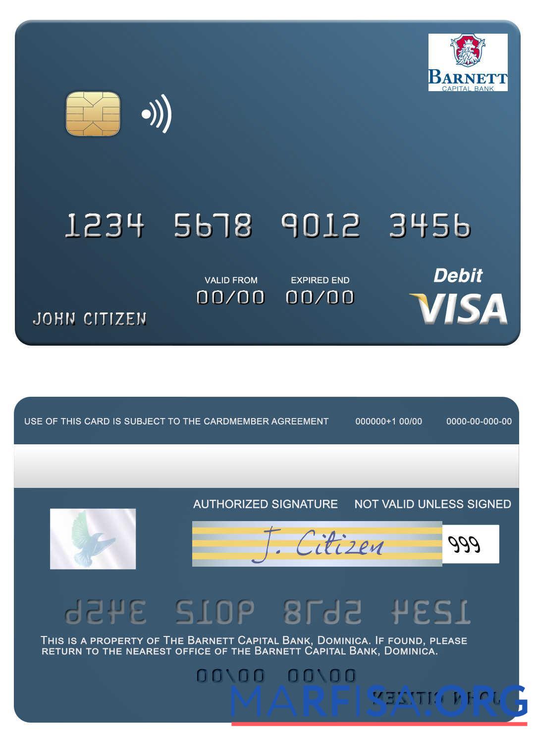 Blank Dominica Barnett Capital Bank visa debit card example